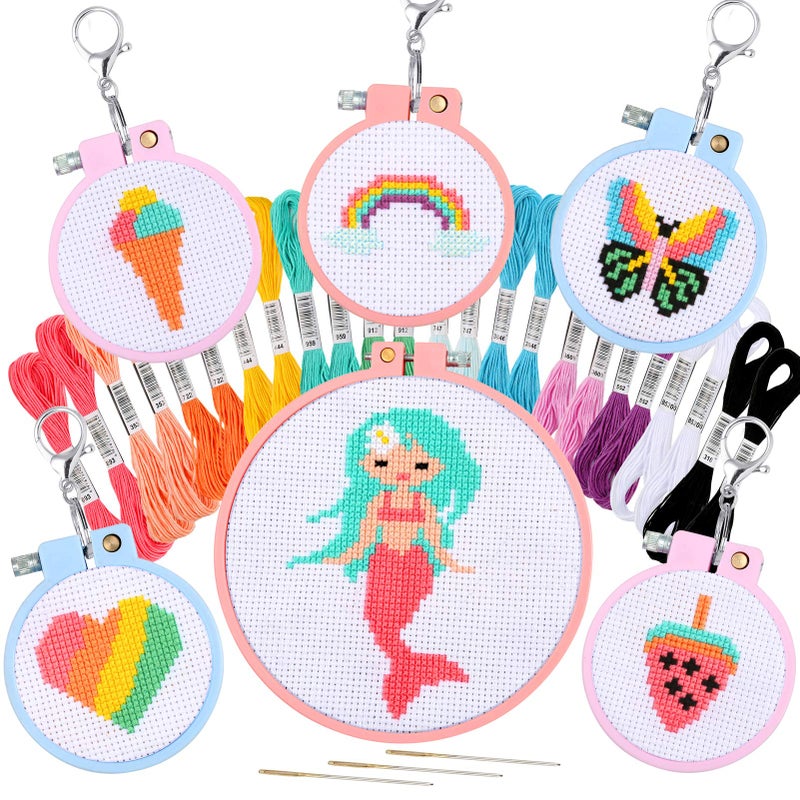 Pllieay 6 Pcs Cross Stitch Kits for Beginners for Kids 7-13, Kids Embroidery Kit Needlepoint Kit Arts and Crafts Kit with Instructions for Backpack Charms, Ornaments and Needle Craft - Image 1