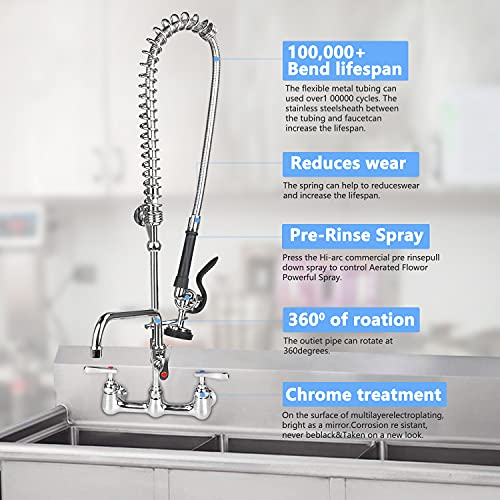 TNROTED 36" Height Commercial Sink Faucet with Pre Rinse Sprayer, 8 Inch Center Commercial Wall Mount Kitchen Faucet with 12” Swing Spout 3 Bay Commercial Compartment Sink Faucet for Restaurant Industrial - Image 3