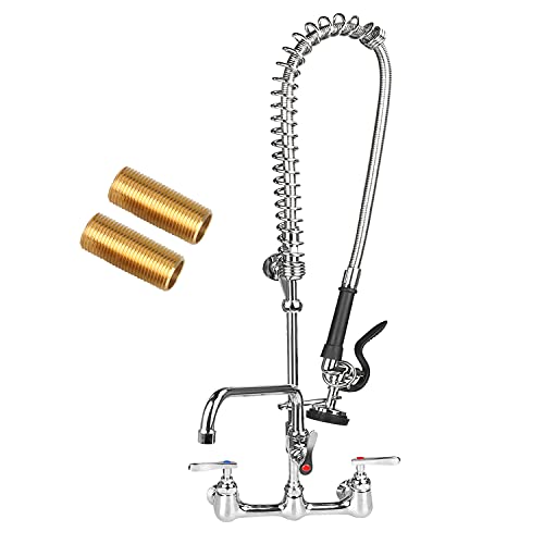 TNROTED 36" Height Commercial Sink Faucet with Pre Rinse Sprayer, 8 Inch Center Commercial Wall Mount Kitchen Faucet with 12” Swing Spout 3 Bay Commercial Compartment Sink Faucet for Restaurant Industrial - Image 1