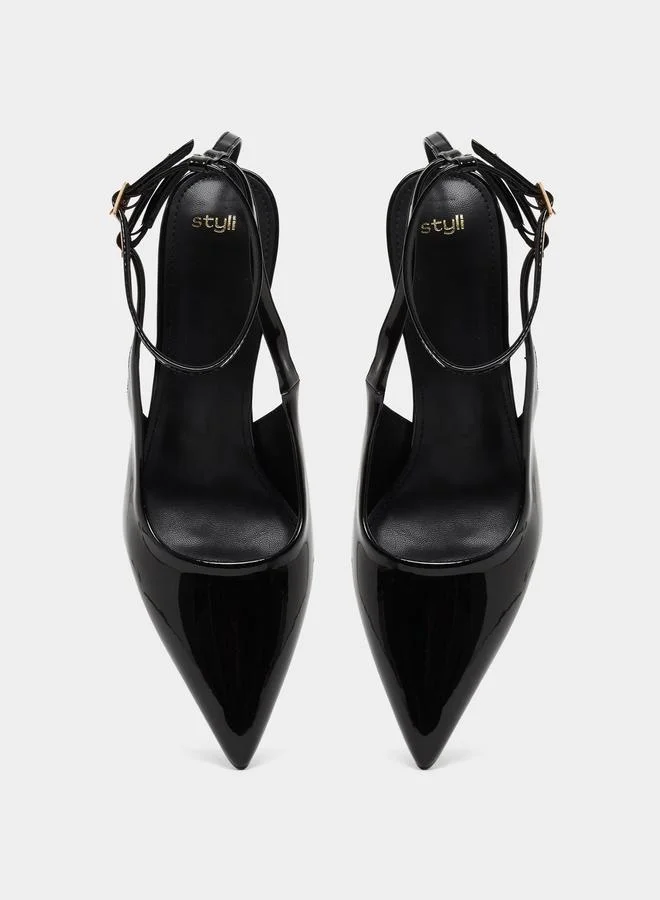 Styli Black Ankle Strap Stiletto Heel Sandals