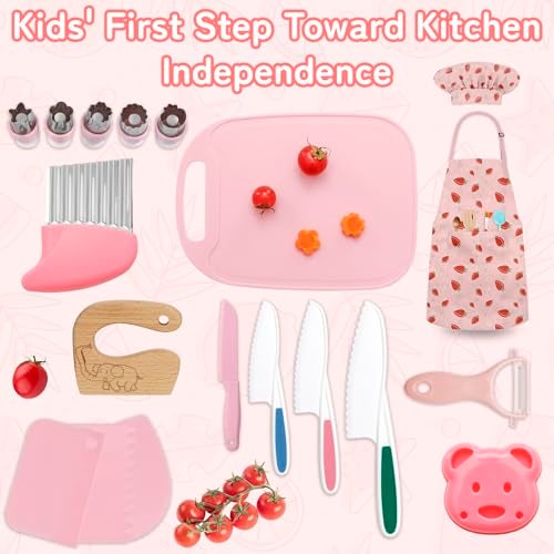 Deabolar 19PCS Kids Cooking Sets Real with Kids Knife Set for Real Cooking Kid Safe Knife Set for Real Cooking with Kids Cutting Board and Knife Set Toddlers Kitchen Tools Kids Chef Hat and Apron - Image 5