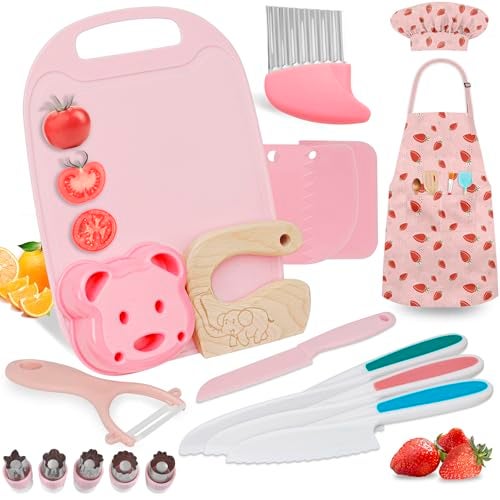 Deabolar 19PCS Kids Cooking Sets Real with Kids Knife Set for Real Cooking Kid Safe Knife Set for Real Cooking with Kids Cutting Board and Knife Set Toddlers Kitchen Tools Kids Chef Hat and Apron - Image 1