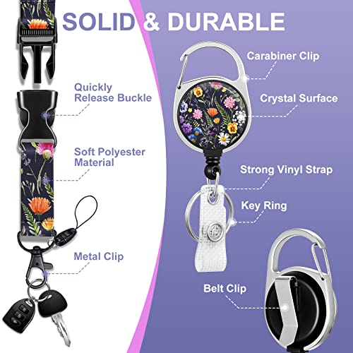 Toykee ID Badge Holder with Lanyard and Retractable Badge Reel Clip, Retro Flowers Bouquet Floral Card Name Tag Lanyard Vertical ID Protector Bage Clips for Women Nurse Doctor Teacher Student Purple - Image 4