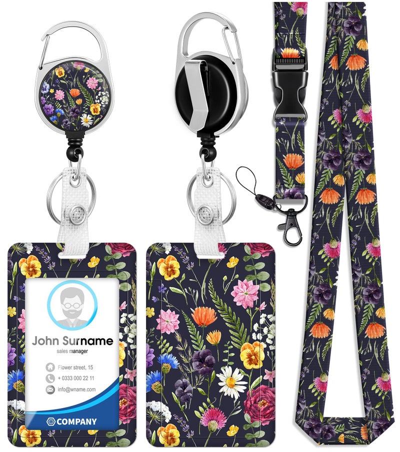 Toykee ID Badge Holder with Lanyard and Retractable Badge Reel Clip, Retro Flowers Bouquet Floral Card Name Tag Lanyard Vertical ID Protector Bage Clips for Women Nurse Doctor Teacher Student Purple - Image 1