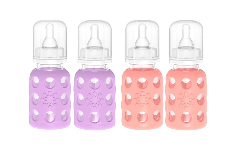 زجاجات حليب للأطفال من لايف فاكتوري مع حماية سيليكون 4 عبوات 4 أونصات لكل زجاجة 2 لافندر 2 كانتالوب