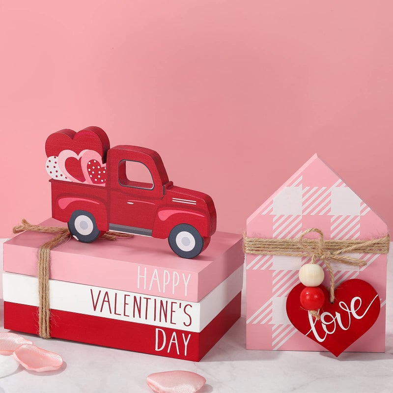 Whaline Valentines Day Wooden Tiered Tray Decorative Pink White Faux Stacked Books Wooden Block Sign for Office Kitchen Home Table Decor