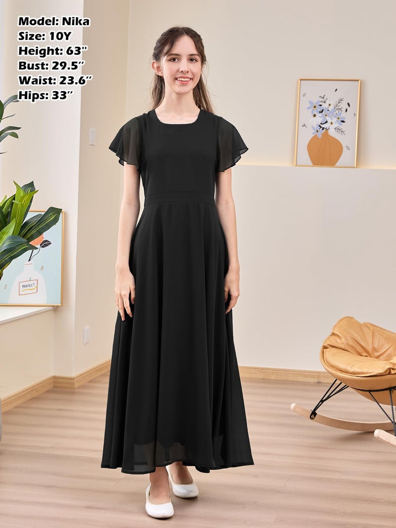 GORLYA Girls Scoop Neck Ruffle Sleeve Vintage Elegant Flowy Wedding Party Long Maxi Chiffon Dress 10-16Y(GOR1184,12Y,Black) - Image 4