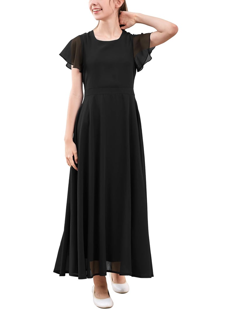GORLYA Girls Scoop Neck Ruffle Sleeve Vintage Elegant Flowy Wedding Party Long Maxi Chiffon Dress 10-16Y(GOR1184,12Y,Black) - Image 1