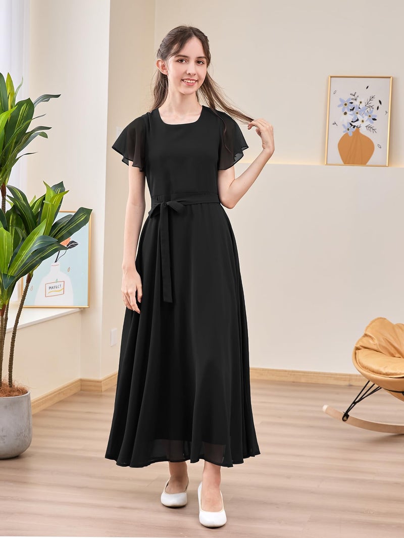 GORLYA Girls Scoop Neck Ruffle Sleeve Vintage Elegant Flowy Wedding Party Long Maxi Chiffon Dress 10-16Y(GOR1184,12Y,Black) - Image 3