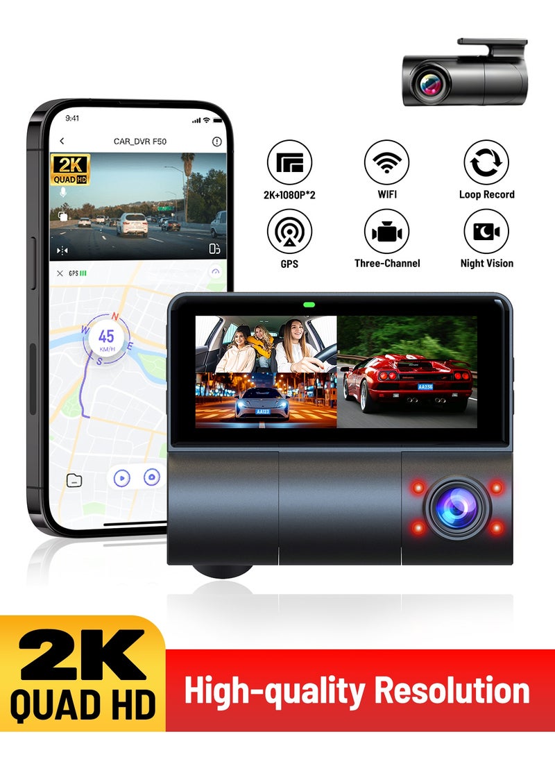 دانسينت كاميرا لوحة القيادة مع ثلاث كاميرات 2K HDR كاميرا أمامية وداخلية خلفية للسيارة نظام DVR بزاوية 330 درجة حول السيارة كاميرا لوحة القيادة مزودة بواي فاي مدمج للسيارات مع رؤية ليلية - Image 1