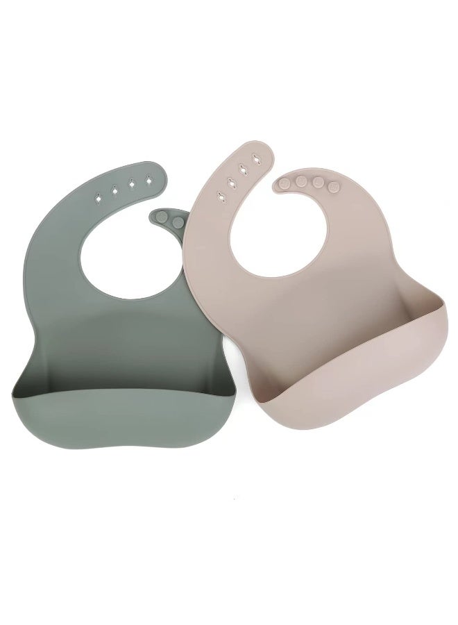 Ginbear Silicone Bibs for Babies, Waterproof Adjustable Silicon Rubber Baby Feeding Bibs with Food Catcher Pocket for Toddlers 6 Months+ (Dark Sage/Almond) - Image 1