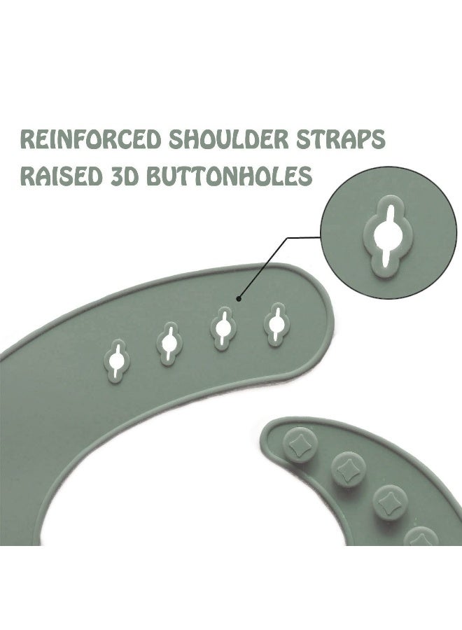 Ginbear Silicone Bibs for Babies, Waterproof Adjustable Silicon Rubber Baby Feeding Bibs with Food Catcher Pocket for Toddlers 6 Months+ (Dark Sage/Almond) - Image 3