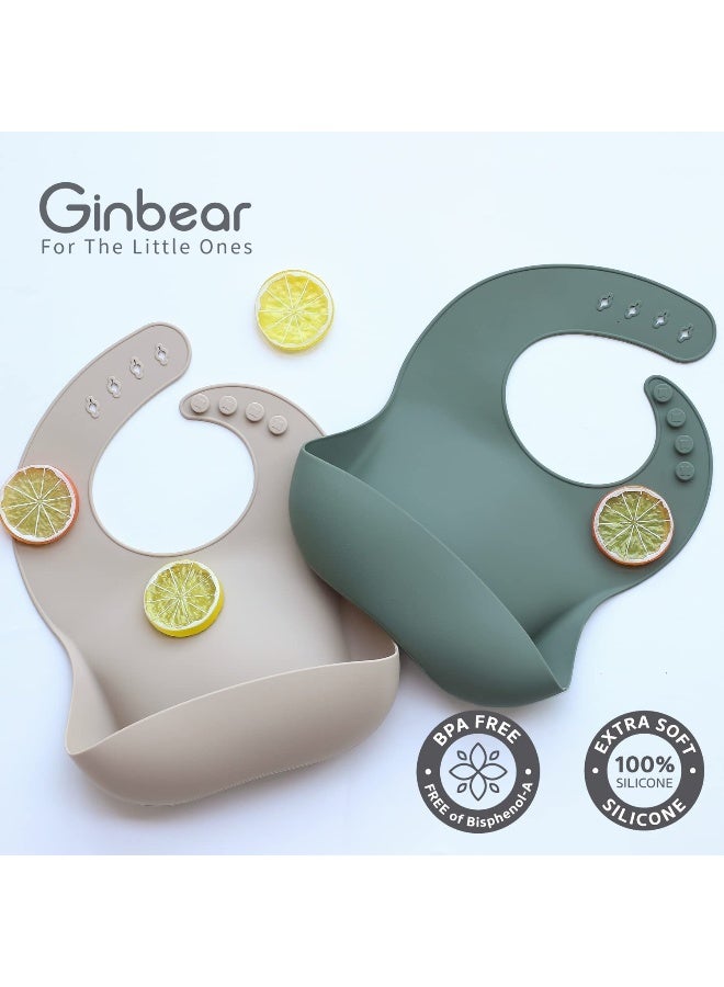 Ginbear Silicone Bibs for Babies, Waterproof Adjustable Silicon Rubber Baby Feeding Bibs with Food Catcher Pocket for Toddlers 6 Months+ (Dark Sage/Almond) - Image 2