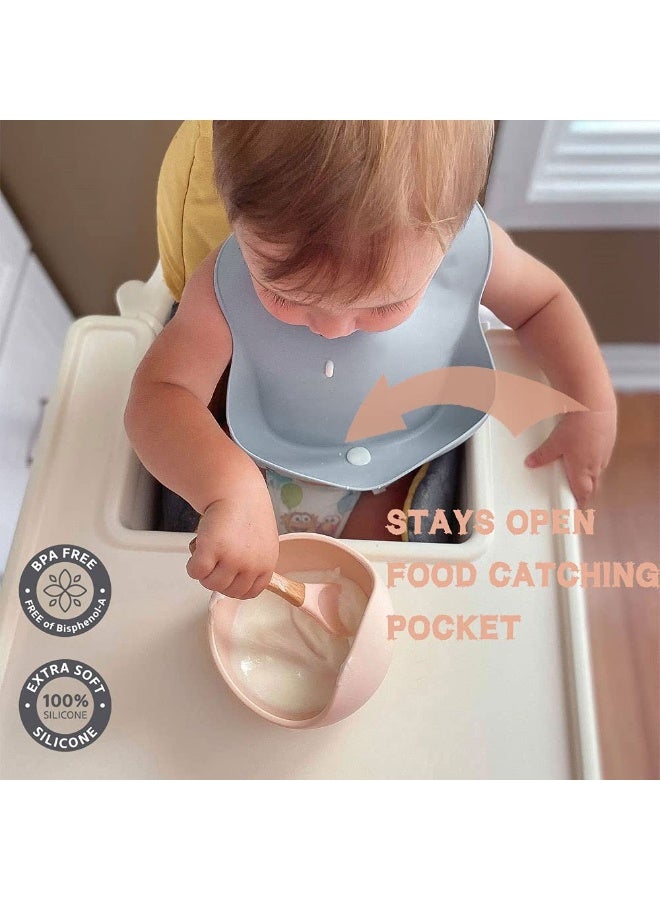 Ginbear Silicone Bibs for Babies, Waterproof Adjustable Silicon Rubber Baby Feeding Bibs with Food Catcher Pocket for Toddlers 6 Months+ (Dark Sage/Almond) - Image 5