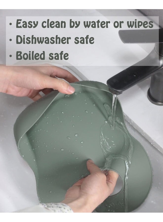 Ginbear Silicone Bibs for Babies, Waterproof Adjustable Silicon Rubber Baby Feeding Bibs with Food Catcher Pocket for Toddlers 6 Months+ (Dark Sage/Almond) - Image 4