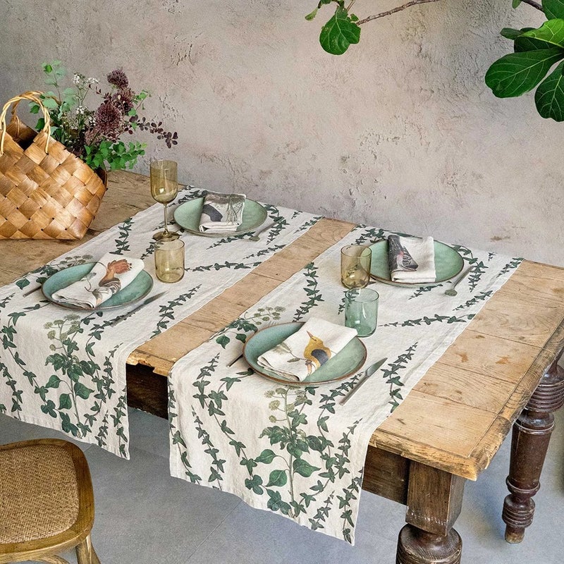 Y&D High-Quality Green Ivy Print Linen Table Runners – Luxury Linen Cotton Blend Flax Fabric for Wedding Decor - Image 2