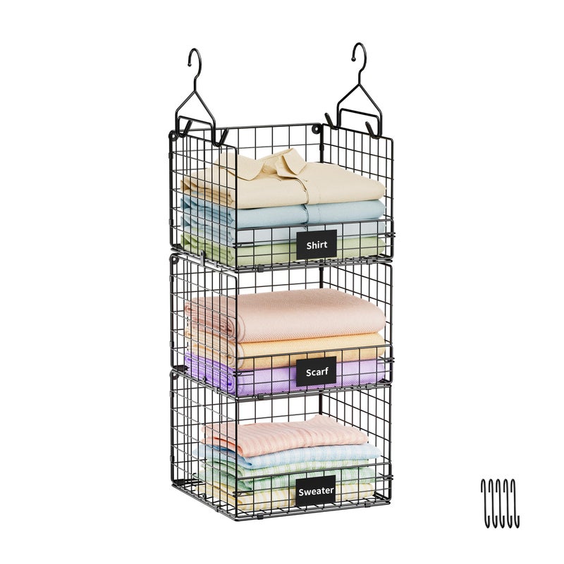 Sonyabecca 3Tier Hanging Closet Organizer with Name Plate Clothes Hanging Shelves 5 S Hooks Wall Mount  Cabinet Foldable Wire Storage Basket for Clothing Sweaters Handbags