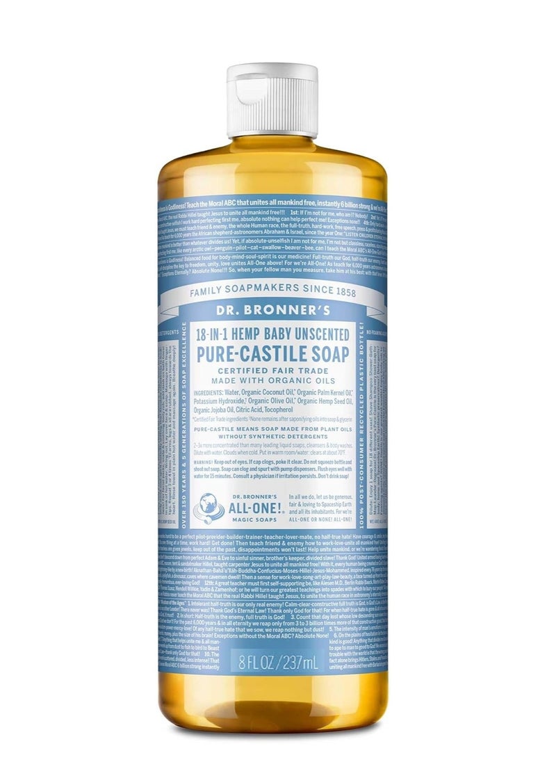 Dr. Bronner's - Pure-Castile Liquid Soap (Baby Unscented, 8 Ounce) - Made with Organic Oils, 18-in-1 Uses: Face, Hair, Laundry, Dishes, For Sensitive Skin, Babies, No Added Fragrance, Vegan, Non-GMO - Packaging may vary - pzsku/ZB99F5516675A50B38B17Z/45/_/1740665234/0babf2c6-515c-4a43-bca3-58b54e06f208