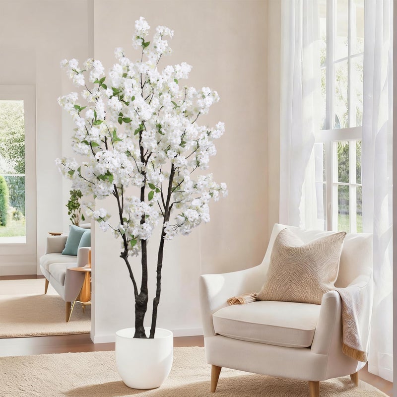 DRACIT Artificial White Cherry Blossom Tree 6ft(72in) Faux Floor Green Plant for Indoor Decor Natural Potted Tree Realistic Cherry Flowers Wood Trunk for Home Living Room,Office Perfect Housewarming Gift - Image 3