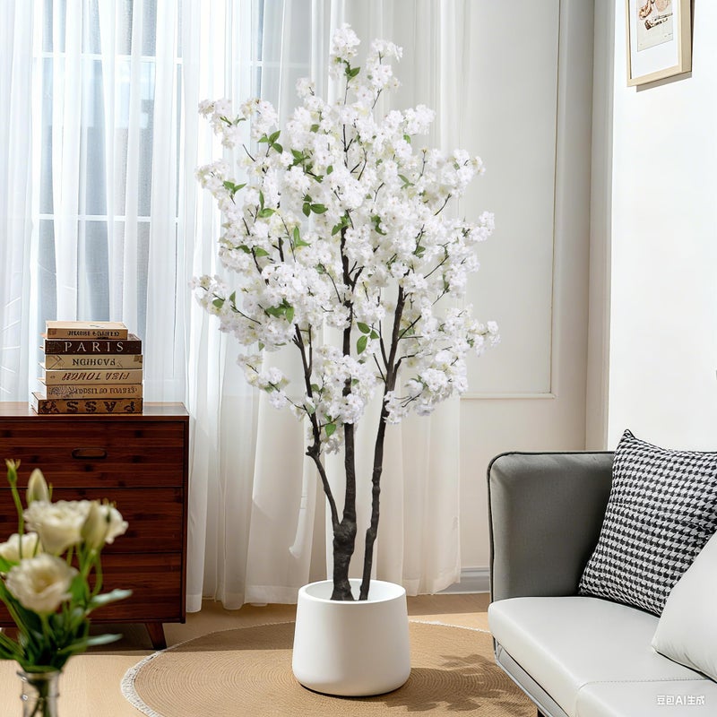 DRACIT Artificial White Cherry Blossom Tree 6ft(72in) Faux Floor Green Plant for Indoor Decor Natural Potted Tree Realistic Cherry Flowers Wood Trunk for Home Living Room,Office Perfect Housewarming Gift - Image 2