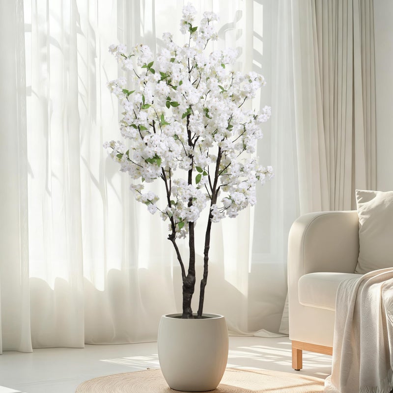 DRACIT Artificial White Cherry Blossom Tree 6ft(72in) Faux Floor Green Plant for Indoor Decor Natural Potted Tree Realistic Cherry Flowers Wood Trunk for Home Living Room,Office Perfect Housewarming Gift - Image 1