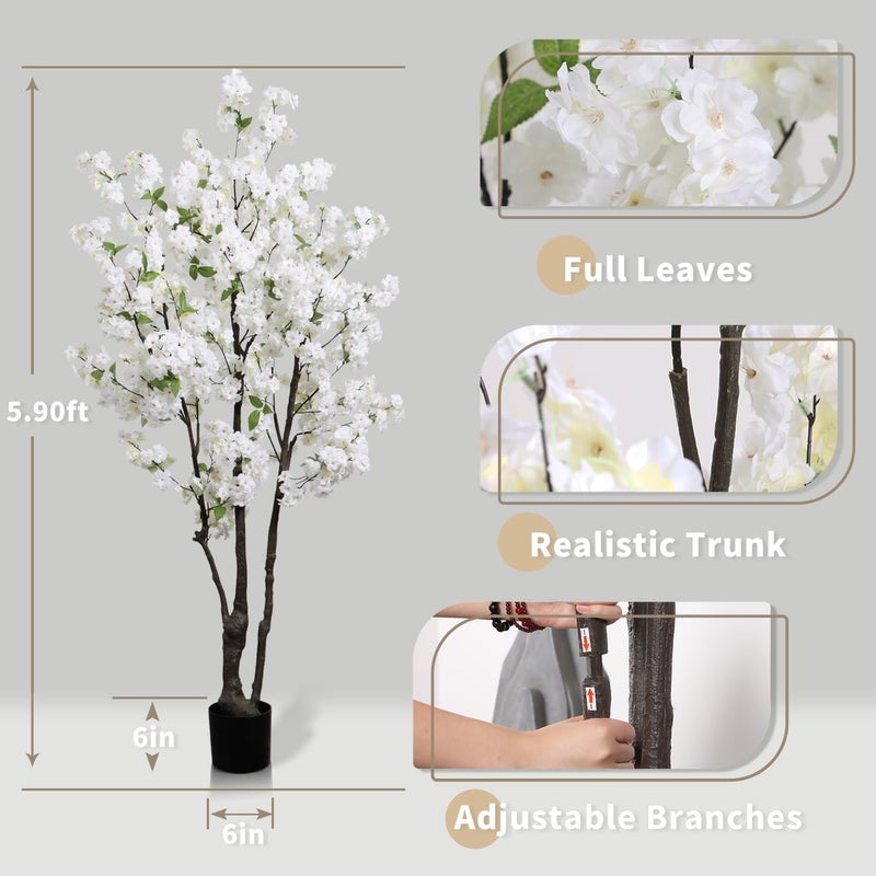 DRACIT Artificial White Cherry Blossom Tree 6ft(72in) Faux Floor Green Plant for Indoor Decor Natural Potted Tree Realistic Cherry Flowers Wood Trunk for Home Living Room,Office Perfect Housewarming Gift - Image 5