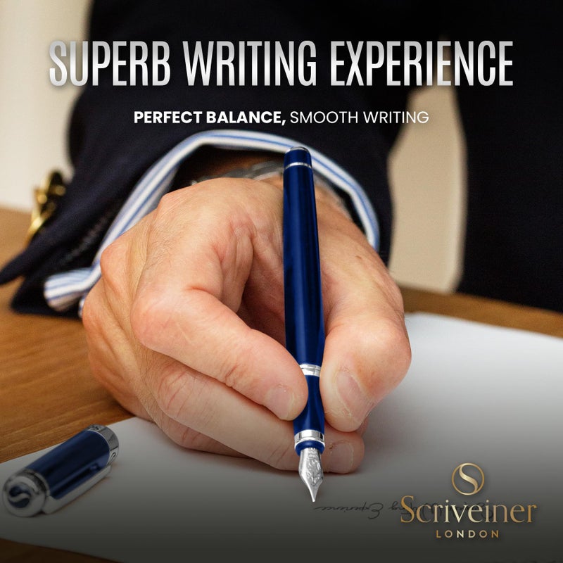 Scriveiner قلم حبر سكرايفينر باللون الأزرق الداكن - قلم فاخر مذهل مع تفاصيل من الكروم، قلم شميت (متوسط)، أفضل مجموعة هدايا للأقلام للرجال والنساء، محترف، تنفيذي، مكتبي، أقلام رائعة - Image 4