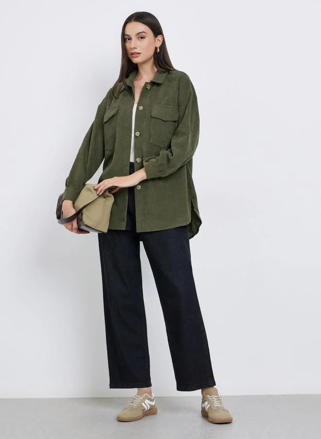 Take Two Olive Longline Corduroy Shacket