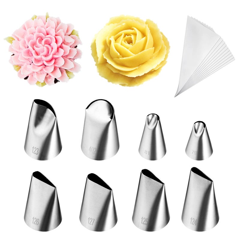 Kasmoire 8 Pcs Rose Flower Piping Tips Set,Petal Icing Tips with 10 Pcs Disposable Piping Bags for Cake Decorating - Image 1
