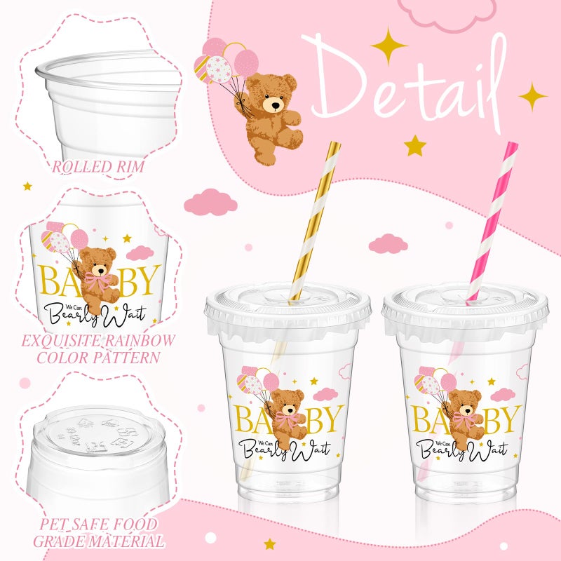 FoldTier 50 Pcs Baby Shower Party Supplies Disposable Plastic Cup 12 Oz Pink Cups Bear Thick Clear Cup Lids Straws Baby Shower Pink Table Decorations Party Favors - Image 2