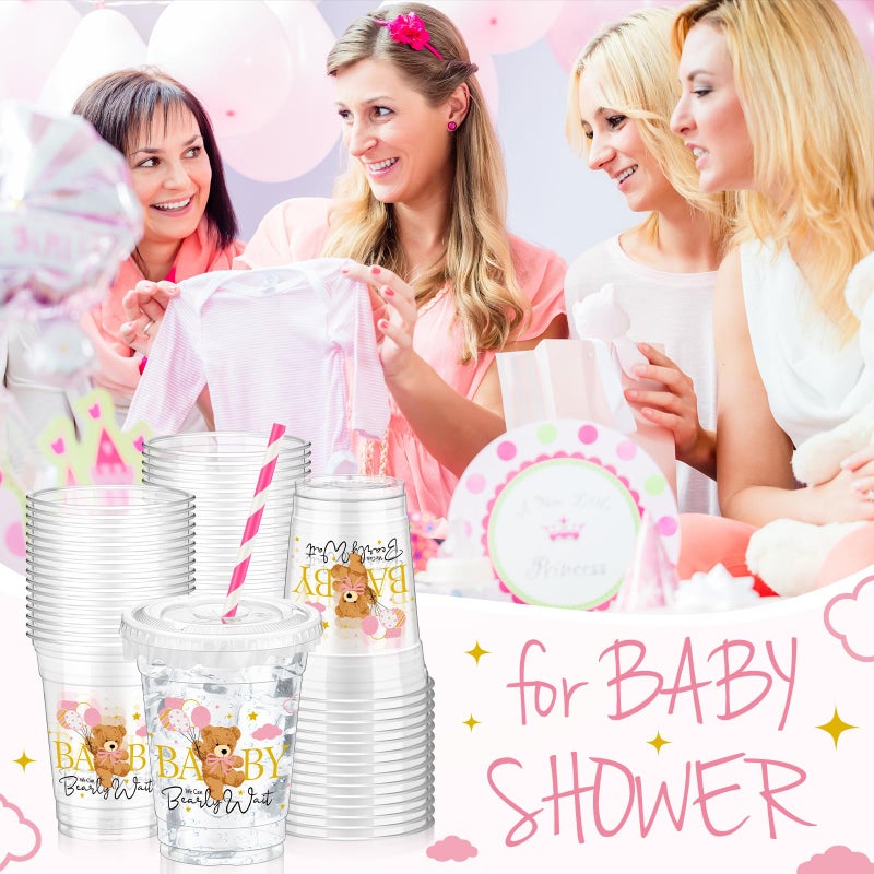 FoldTier 50 Pcs Baby Shower Party Supplies Disposable Plastic Cup 12 Oz Pink Cups Bear Thick Clear Cup Lids Straws Baby Shower Pink Table Decorations Party Favors - Image 5