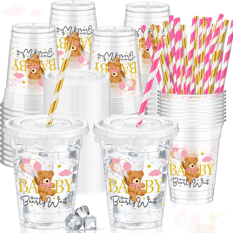 FoldTier 50 Pcs Baby Shower Party Supplies Disposable Plastic Cup 12 Oz Pink Cups Bear Thick Clear Cup Lids Straws Baby Shower Pink Table Decorations Party Favors - Image 1