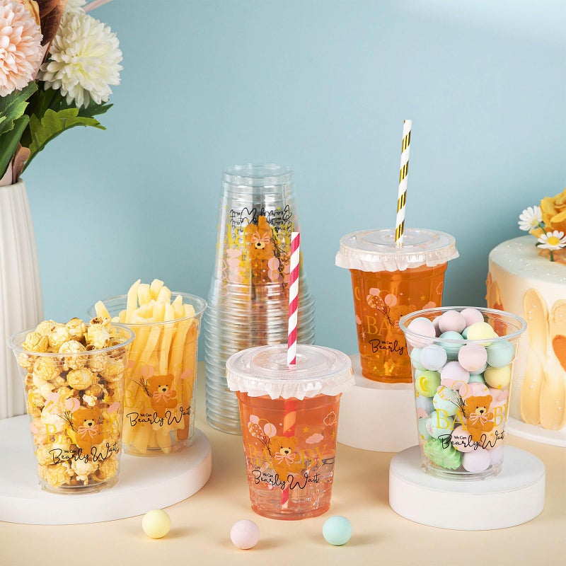 FoldTier 50 Pcs Baby Shower Party Supplies Disposable Plastic Cup 12 Oz Pink Cups Bear Thick Clear Cup Lids Straws Baby Shower Pink Table Decorations Party Favors - Image 4