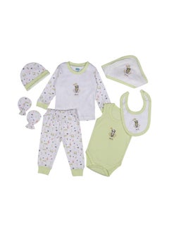 Babies Basic 7 Piece Unisex 100% Cotton Gift Set Include Bib, Blanket, Mitten, Cap, Romper, Top And Bottom Set  - Image 1