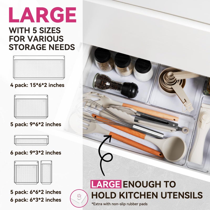 Criusia Large Drawer Organizer Bins 26 Pack | Complete 5 Size Clear Plastic Kitchen Drawer Organizers for Utensils | Bathroom Drawer Organizer Trays | Versatile for Makeup Office Organization - Image 2