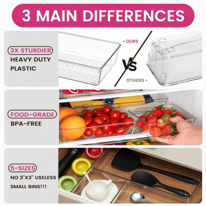 Criusia Large Drawer Organizer Bins 26 Pack | Complete 5 Size Clear Plastic Kitchen Drawer Organizers for Utensils | Bathroom Drawer Organizer Trays | Versatile for Makeup Office Organization - Image 5