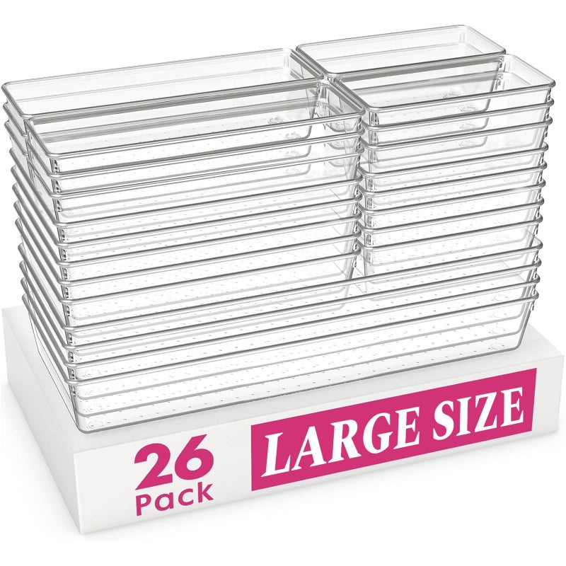 Criusia Large Drawer Organizer Bins 26 Pack | Complete 5 Size Clear Plastic Kitchen Drawer Organizers for Utensils | Bathroom Drawer Organizer Trays | Versatile for Makeup Office Organization - Image 1