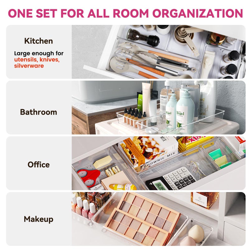 Criusia Large Drawer Organizer Bins 26 Pack | Complete 5 Size Clear Plastic Kitchen Drawer Organizers for Utensils | Bathroom Drawer Organizer Trays | Versatile for Makeup Office Organization - Image 3