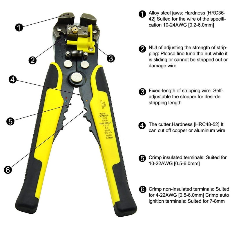 DOTCOM 8-Inch Self-Adjusting Automatic Cable Cutter Crimper, 5 in 1 Multipurpose Tool Wire Stripping Cutting Pliers, 10-24 AWG (0.2~6.0mm²) (Yellow) (DT-7) - Image 4