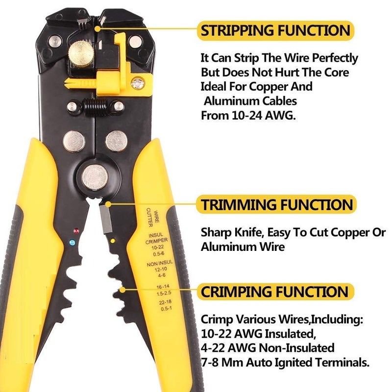 DOTCOM 8-Inch Self-Adjusting Automatic Cable Cutter Crimper, 5 in 1 Multipurpose Tool Wire Stripping Cutting Pliers, 10-24 AWG (0.2~6.0mm²) (Yellow) (DT-7) - Image 5