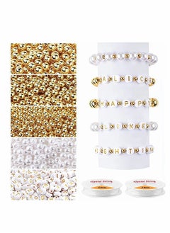 Excefore Beads Making Kit 1800Pcs Gold Round Spacer Smooth Loose Ball 150Pcs Alphabet White Pearls and 2 Rolls Elastic String for DIY Bracelet Jewelry Craft  - Image 1