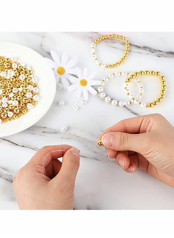 Beads Making Kit 1800Pcs Gold Round Spacer Smooth Loose Ball 150Pcs Alphabet White Pearls and 2 Rolls Elastic String for DIY Bracelet Jewelry Craft