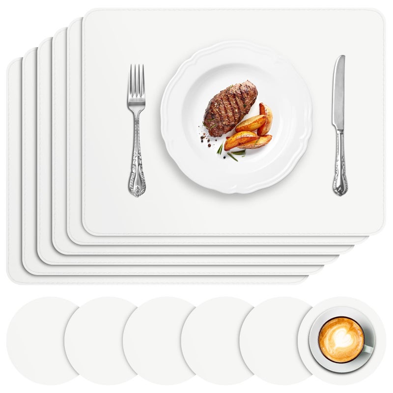 APLKER Placemats and Coasters Set of 6 Heat Insulation PU Leather Table Mats Waterproof Washable Dining Place Mats for Kitchen Indoor Outdoor Party 16 x12 inch  White