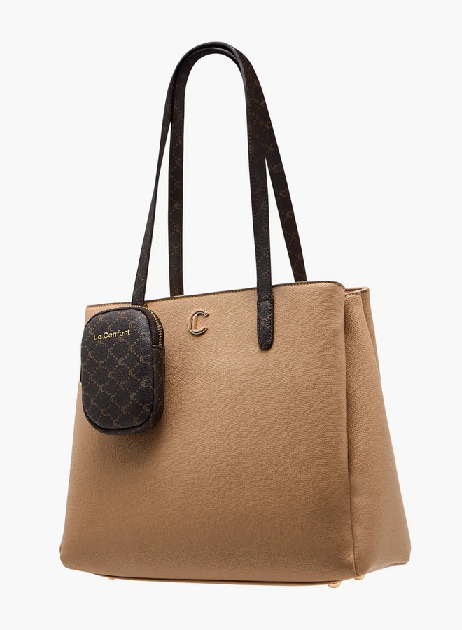 لو كونفورت Women Monogram Textured Tote Bag with Zip Closure and Pouch