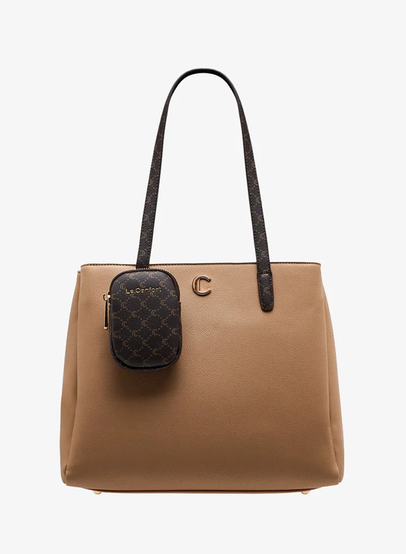 Women Monogram Textured Tote Bag with Zip Closure and Pouch