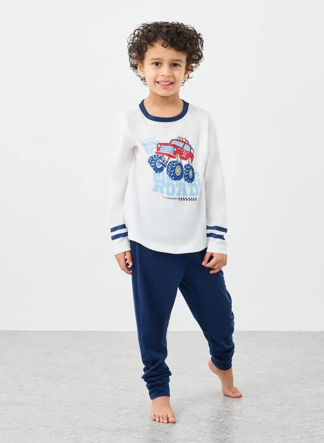 ستايلي Styli Car Graphic Print T-Shirt and Pyjama Set