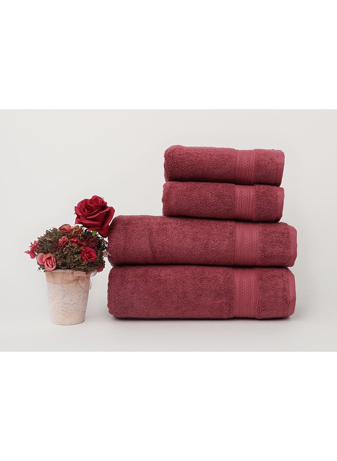 White Rose 4 Piece Bathroom Towel Set -HARMONY - 650 GSM - 100% Cotton Terry - 2 Bath Towel 70X140 cm & 2 Hand Towel 50x90 cm-Premium Touch-Quick Dry - Super Absorbent-Light Maroon  - Image 1