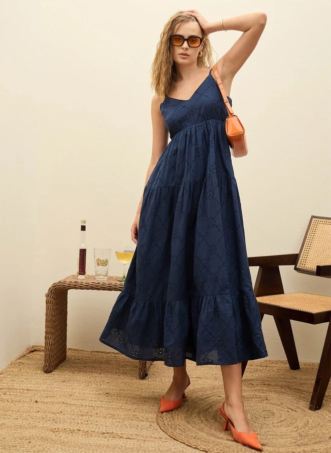 SASSAFRAS Navy Blue Embroidered Maxi Dress for Women