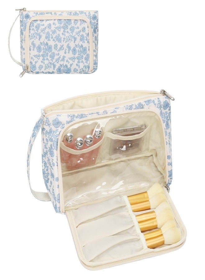 CUBETASTIC Small Makeup Bag, Travel Make Up Pouch, Floral Cosmetic Organizer Case for Women, Cute Toiletry Bag with Portable Handle - Image 1