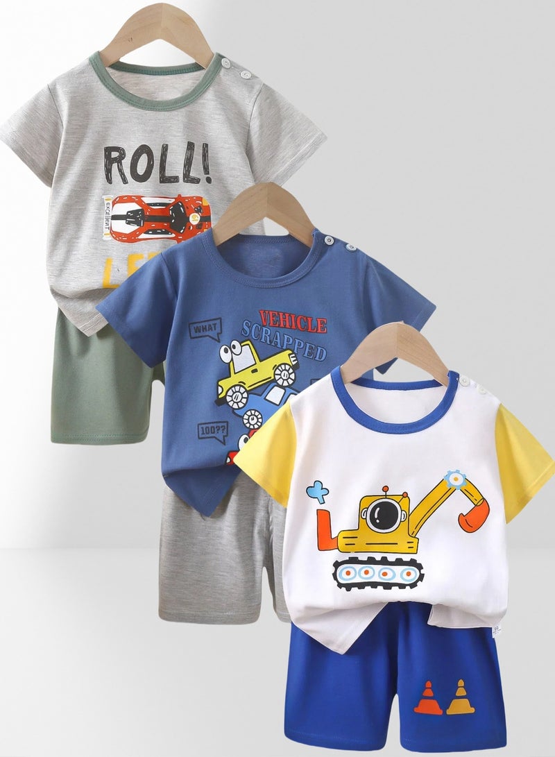 3 boys short sleeve shorts suit, 3 car racing excavator print suit - Image 1